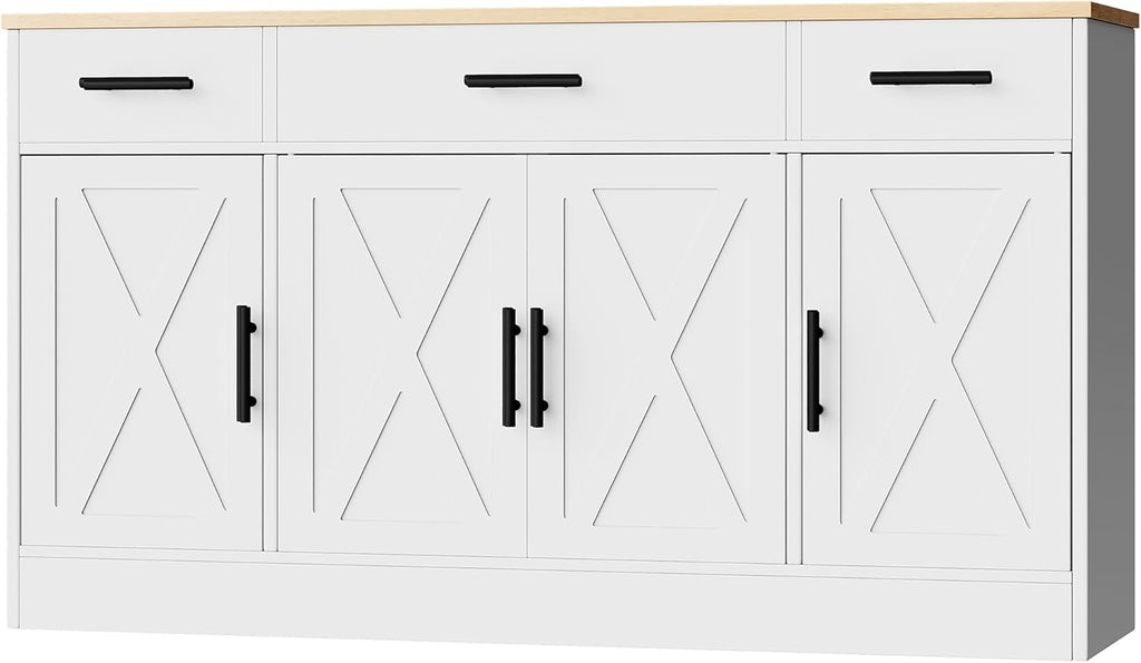 Shintenchi Buffet Cabinet with Storage,53.4" Large Kitchen Storage Cabinet with 3 Drawers and 4 Doors,Wood Farmhouse Buffet Sideboard with Adjustable Shelf for Kitchen Living Room, White