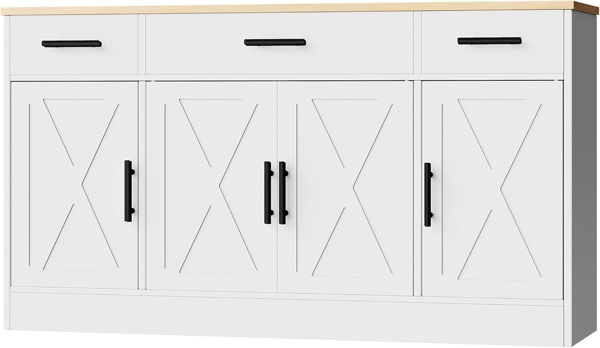 Shintenchi Buffet Cabinet with Storage,53.4" Large Kitchen Storage Cabinet with 3 Drawers and 4 Doors,Wood Farmhouse Buffet Sideboard with Adjustable Shelf for Kitchen Living Room, White