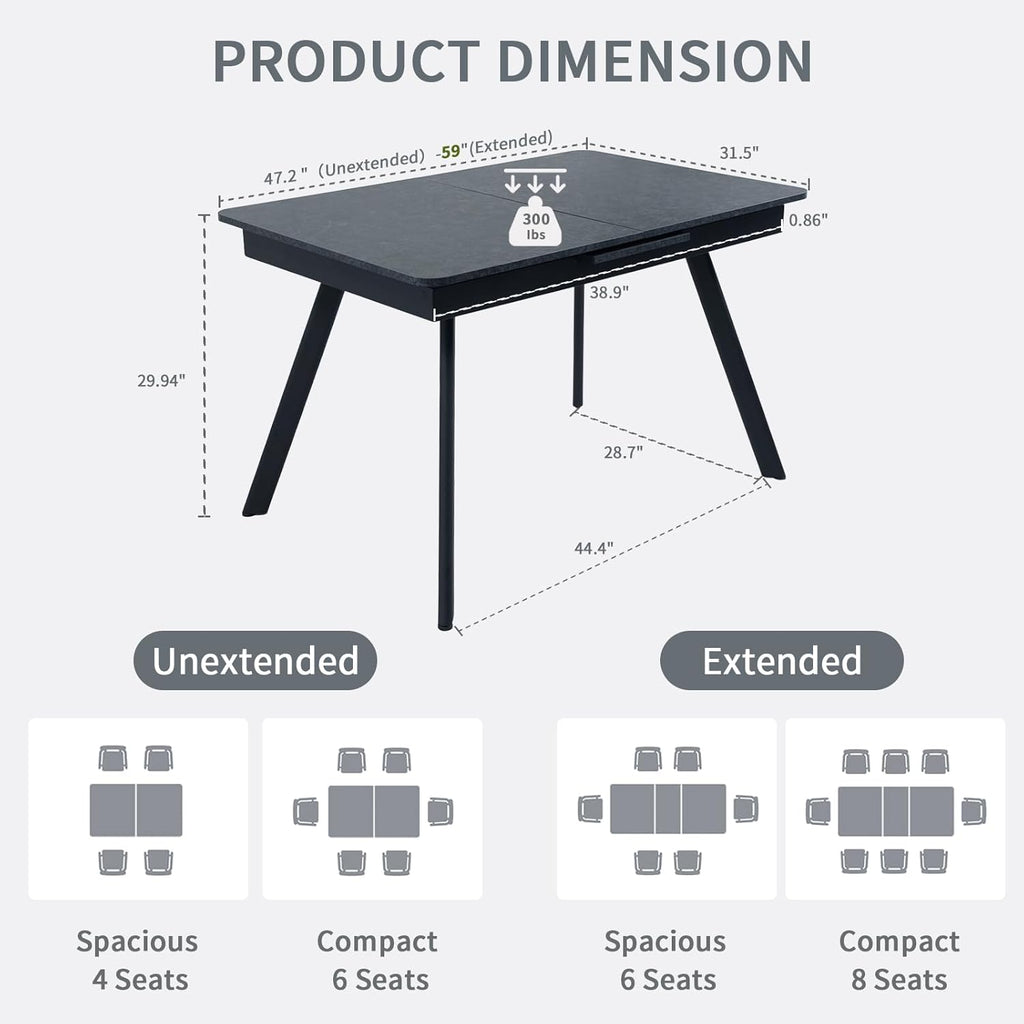 Extendable Dining Table 47-59 Inch - Space-Saving Slide-Out Design, Black Lava MDF Top for 4-8 People, Perfect for Dining Room, Apartment & Home Office