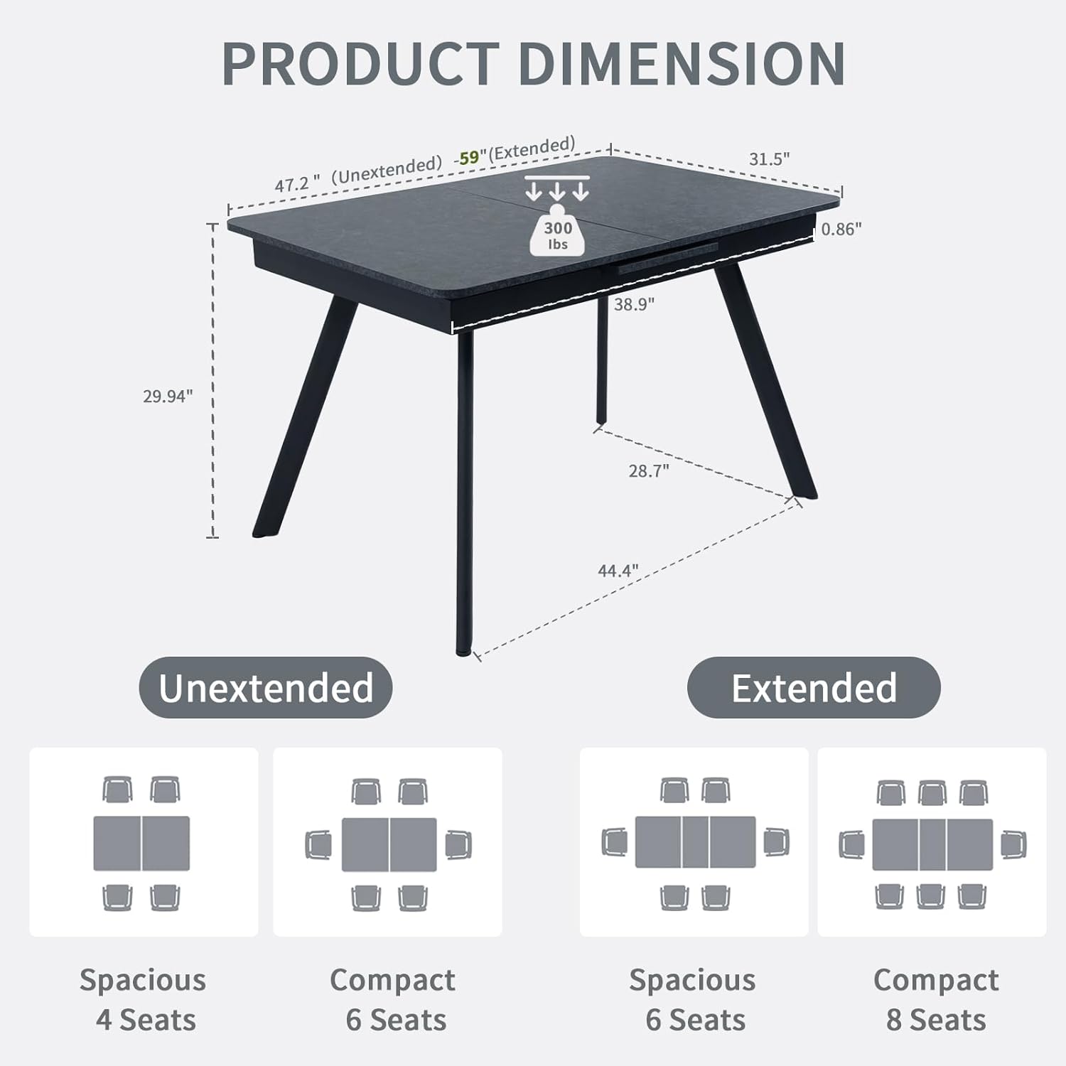 Extendable Dining Table 47-59 Inch - Space-Saving Slide-Out Design, Black Lava MDF Top for 4-8 People, Perfect for Dining Room, Apartment & Home Office