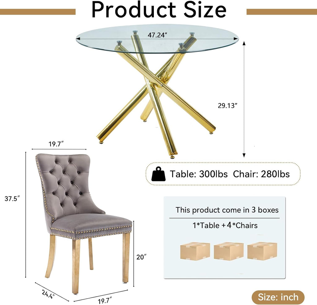 Round Glass Dining Table Set for 4, Small Kitchen Table Set for 4, 47" Circle Gold Glass Dinner Table for 4 with Grey Velvet Chairs, 5 Piece Dining Room Table Set for 4 for Breakfast Dinette Cafe