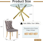 Round Glass Dining Table Set for 4, Small Kitchen Table Set for 4, 47" Circle Gold Glass Dinner Table for 4 with Grey Velvet Chairs, 5 Piece Dining Room Table Set for 4 for Breakfast Dinette Cafe