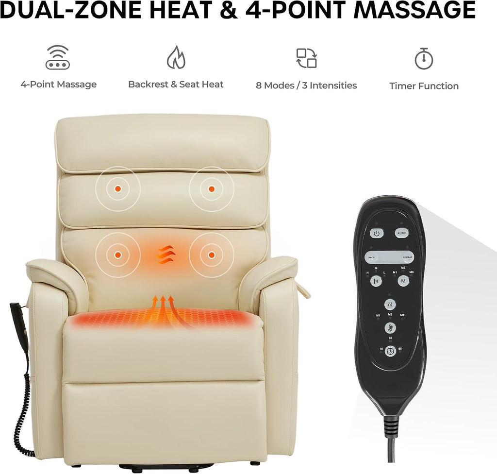 DYNOX Power Lift Recliner Chair for Elderly, Dual Motor Lay Flat Lift Chair with Heat & Massage, 350 LBS Capacity(9188,Faux Leather,Cream)