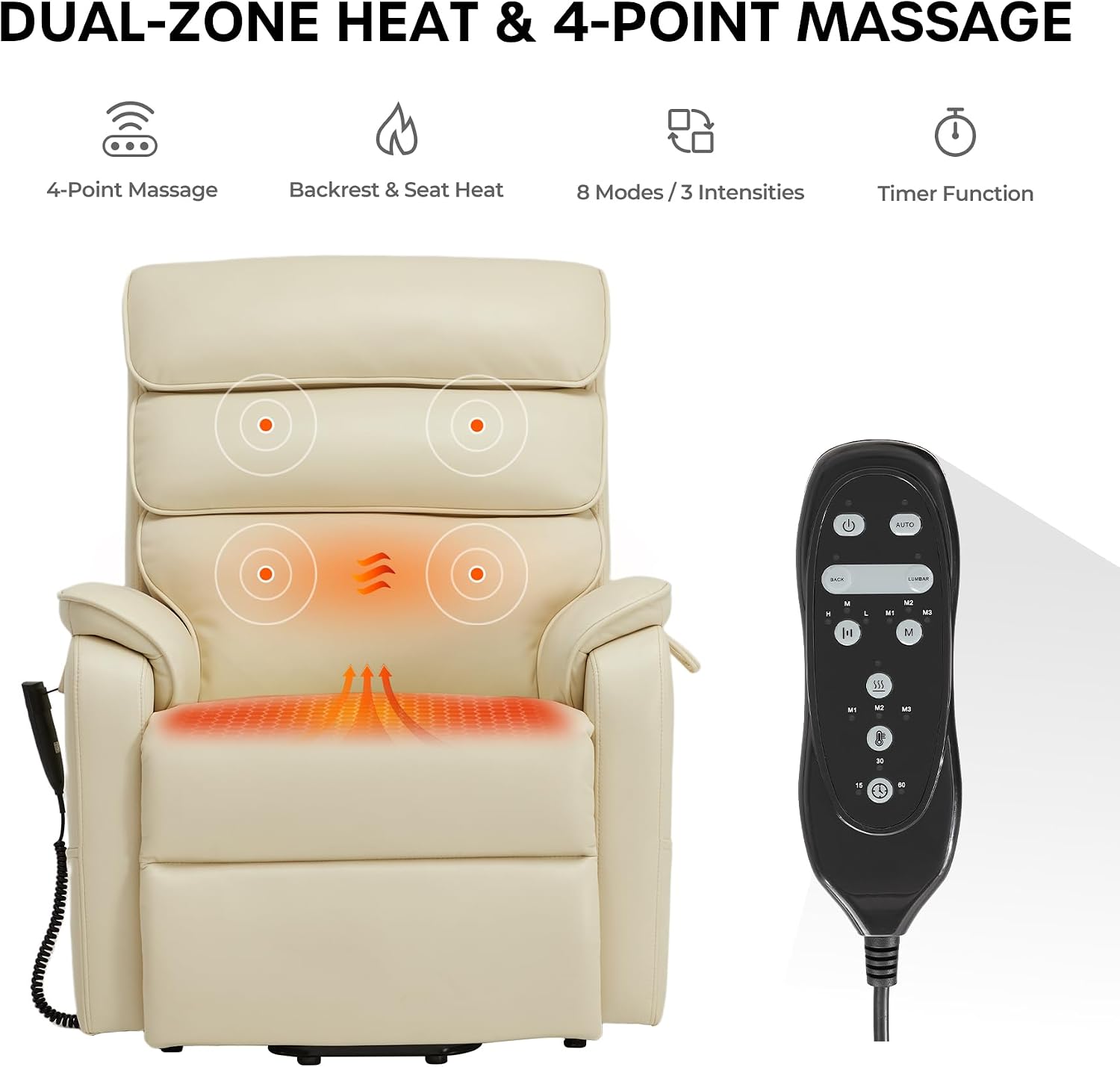 DYNOX Power Lift Recliner Chair for Elderly, Dual Motor Lay Flat Lift Chair with Heat & Massage, 350 LBS Capacity(9188,Faux Leather,Cream)