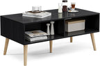 Wood Coffee Table with Storage, Boho Dining Table with Sliding Rattan Door Panel and Solid Wood Legs, Small Coffee Tables for Living Room, Oak (Black_LSJ007)