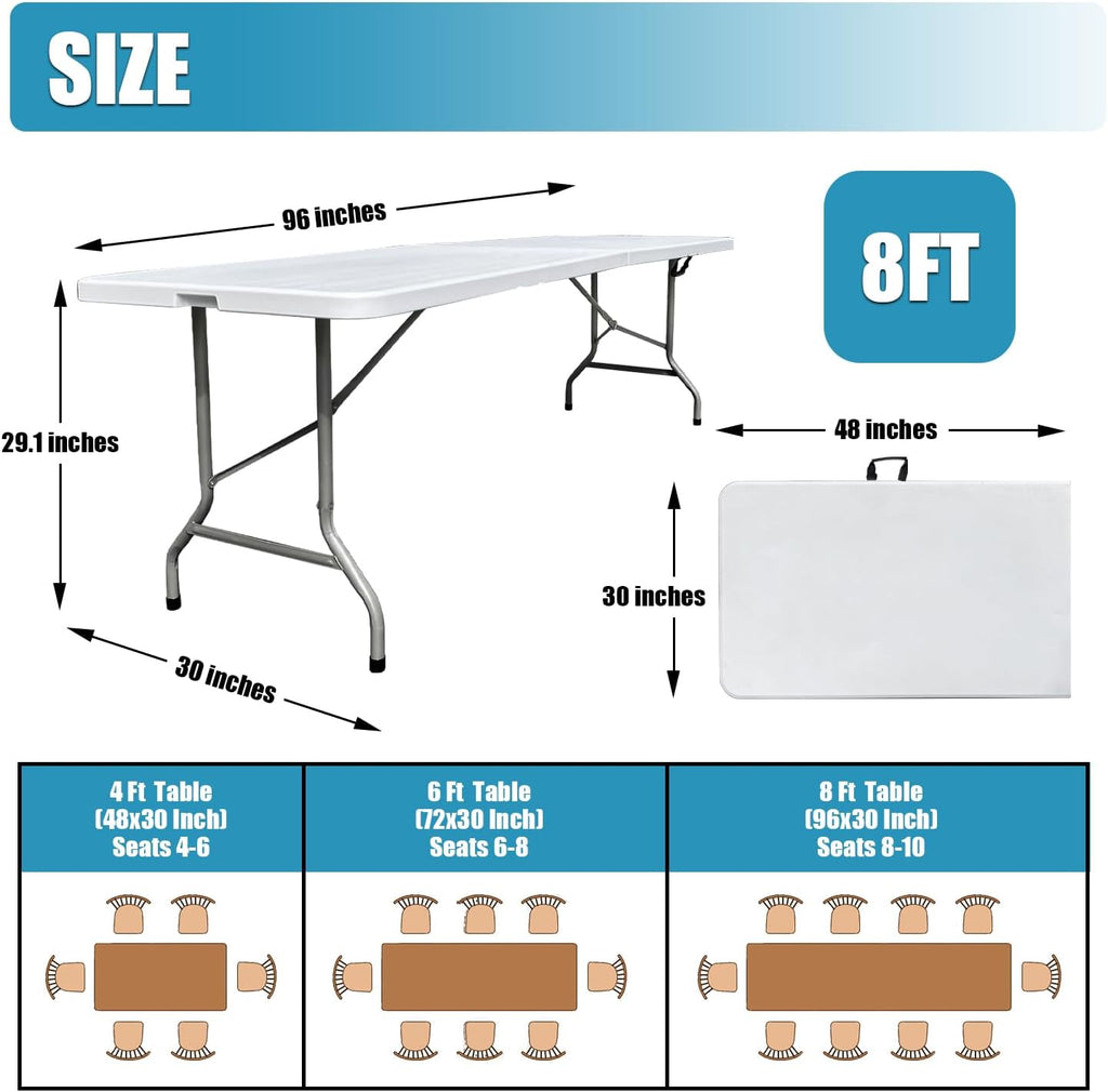 Folding Table 8ft, Heavy Duty Foldable Plastic 8 Foot Banquet Table | White HDPE Top, Fold-in-Half, Carry Handle, Indoor Outdoor for Party, Dining, Camping, Picnic, Long, Rectangle