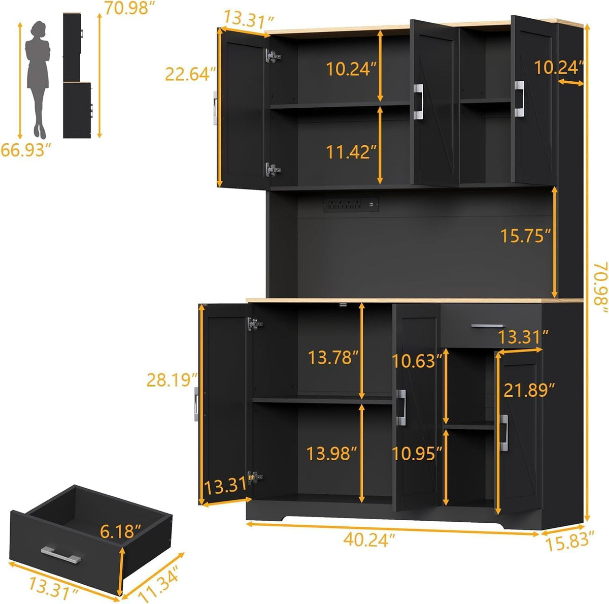 71" Pantry Cabinet,Kitchen Pantry Storage Cabine with Power Outlet,Farmhouse Kitchen Hutch Pantry Cabinet, Tall Hutch with Adjustable Shelf & Door,Food Pantry Storage for Dining Room,Kitchen (Black)