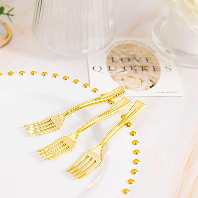 N9R 200PCS Gold Plastic Mini Forks, 4 Inches – Heavy Duty Disposable Cocktail, Dessert & Appetizer Forks, Elegant Party Serving Utensils for Tastings, Finger Foods, Weddings, Events