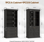 71" Tall Farmhouse Kitchen Pantry, Large Storage Cabinet with Glass Doors, Adjustable Shelves + 3 Drawer, Wood Versatile Hutch Cabinet for Dining Room, Living Room， Black，2Pcs