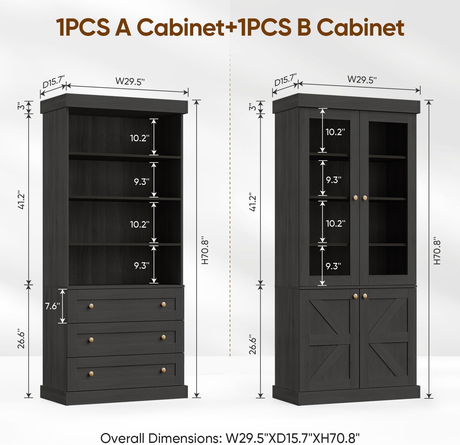 71" Tall Farmhouse Kitchen Pantry, Large Storage Cabinet with Glass Doors, Adjustable Shelves + 3 Drawer, Wood Versatile Hutch Cabinet for Dining Room, Living Room， Black，2Pcs