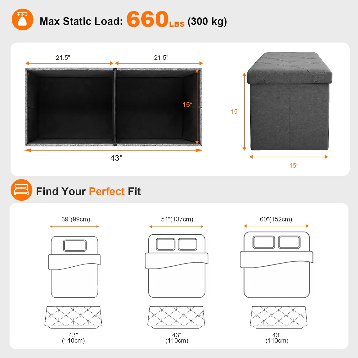 Storage Bench for Bedroom,Storage Ottoman Bench,35 Gallon,Foldable,Gray | Fabric Covered Storage Bench with Seat,Kids Toy Hidden Storage Bench,15x43x15in,Easy Assembly
