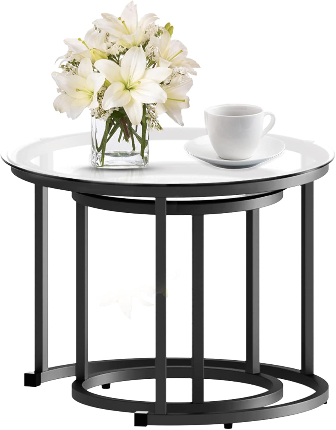 aboxoo Black Nesting Coffee Glass Table Set of 2, Metal Freme Side End Tables for Living Room Bedroom for Apartment Small Place Modern Industrial Simple, 23.6D x 23.6W x 17.7H in