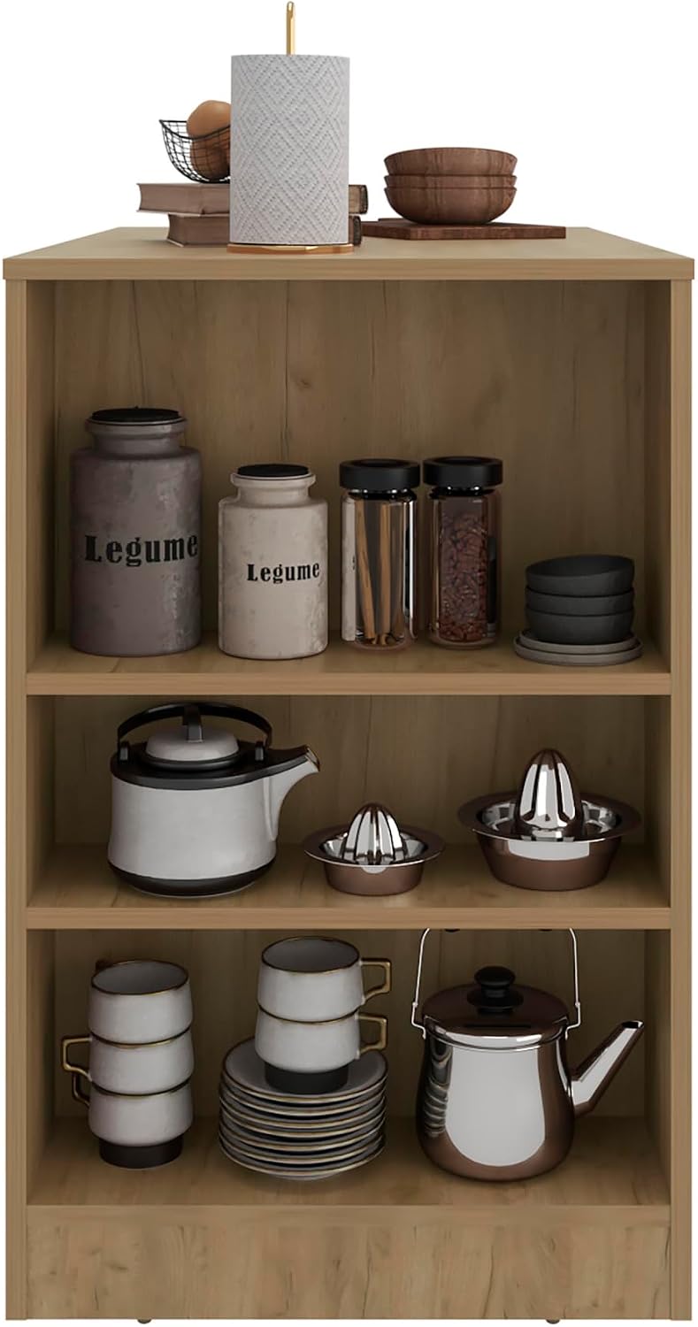 Kitchen Island with Dining Surface and Storage Shelves | Three side shelves for kitchen storage and meal prep convenience