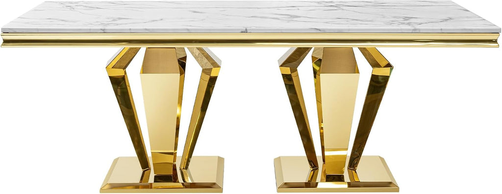 Modern Dining Table 66.9" Dining Room Table with Shiny Gold Stainless Steel Legs & Marble Grain Top for Kitchen,Dining Room,Rectangular