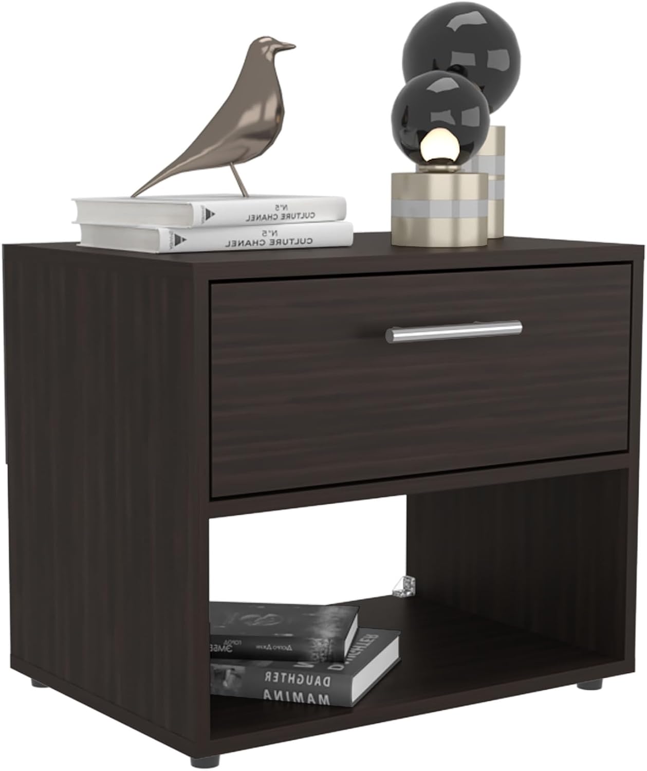 Modern Fluted Nightstand 4 Legs, Farmhouse End Table with Open Space and Drawer Dresser,for Small Spaces
