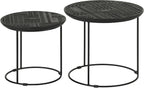 20" Sturdy Metal Frame Nesting Coffee Table, Boo Coffee Table with Embossed Tribal Pattern, Nesting Side Tables with Mango Wood top for Modern Indoor Spaces, Black