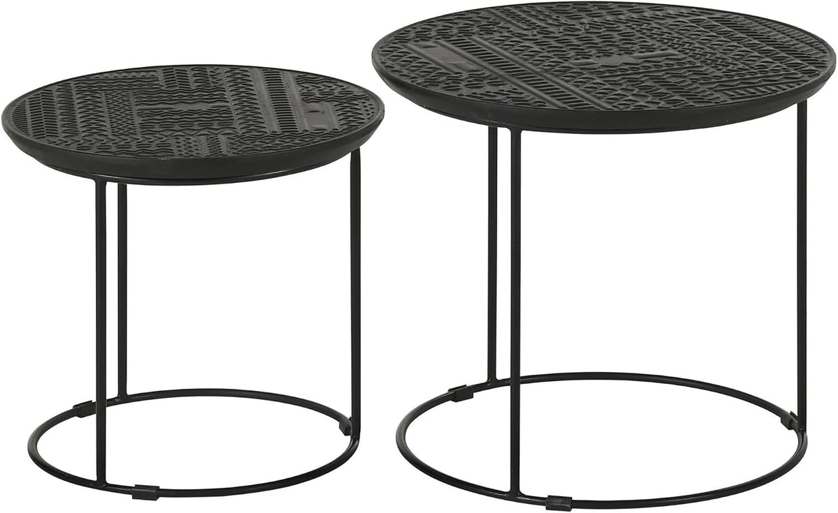 20" Sturdy Metal Frame Nesting Coffee Table, Boo Coffee Table with Embossed Tribal Pattern, Nesting Side Tables with Mango Wood top for Modern Indoor Spaces, Black
