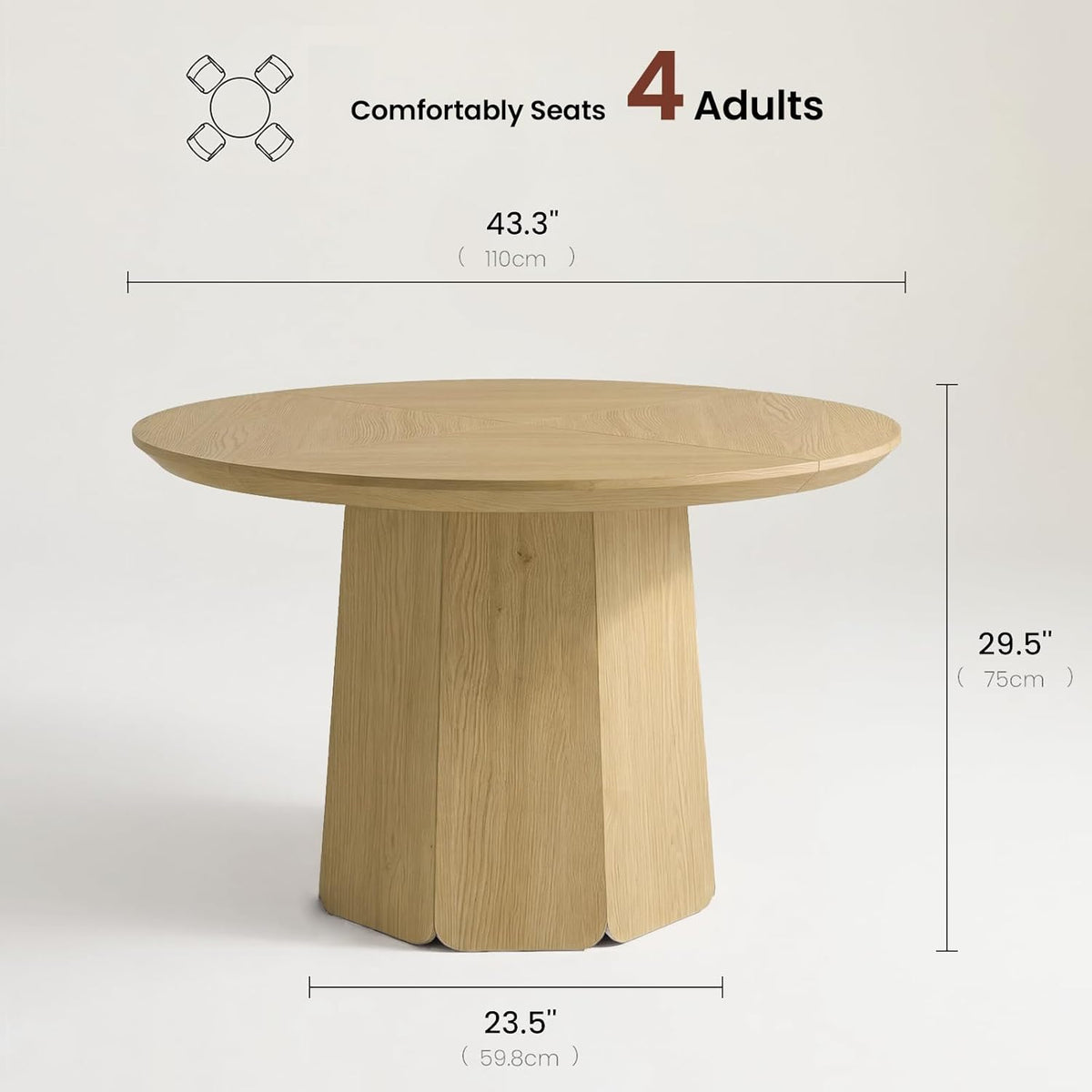 ModernMate 43 inch Round Dining Table for 4, Circle Kitchen Table with Wooden Pedestal Base, Modern Wood Dining Room Table, Dinner Table for Dining Room, Kitchen, Living Room