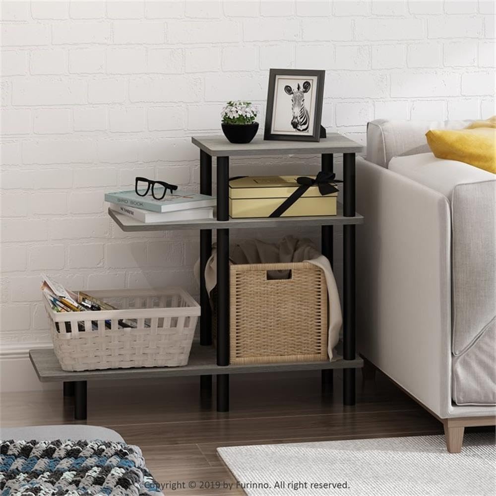 Pemberly Row 3-Tier Sofa Side Table, Engineered Wood, French Oak Gray/Black Finish, 31.5" W x 11.61" D x 25.63" H, Modern Style, Open Shelf Design, Sturdy Compact End Table for Living Room or Bedroom