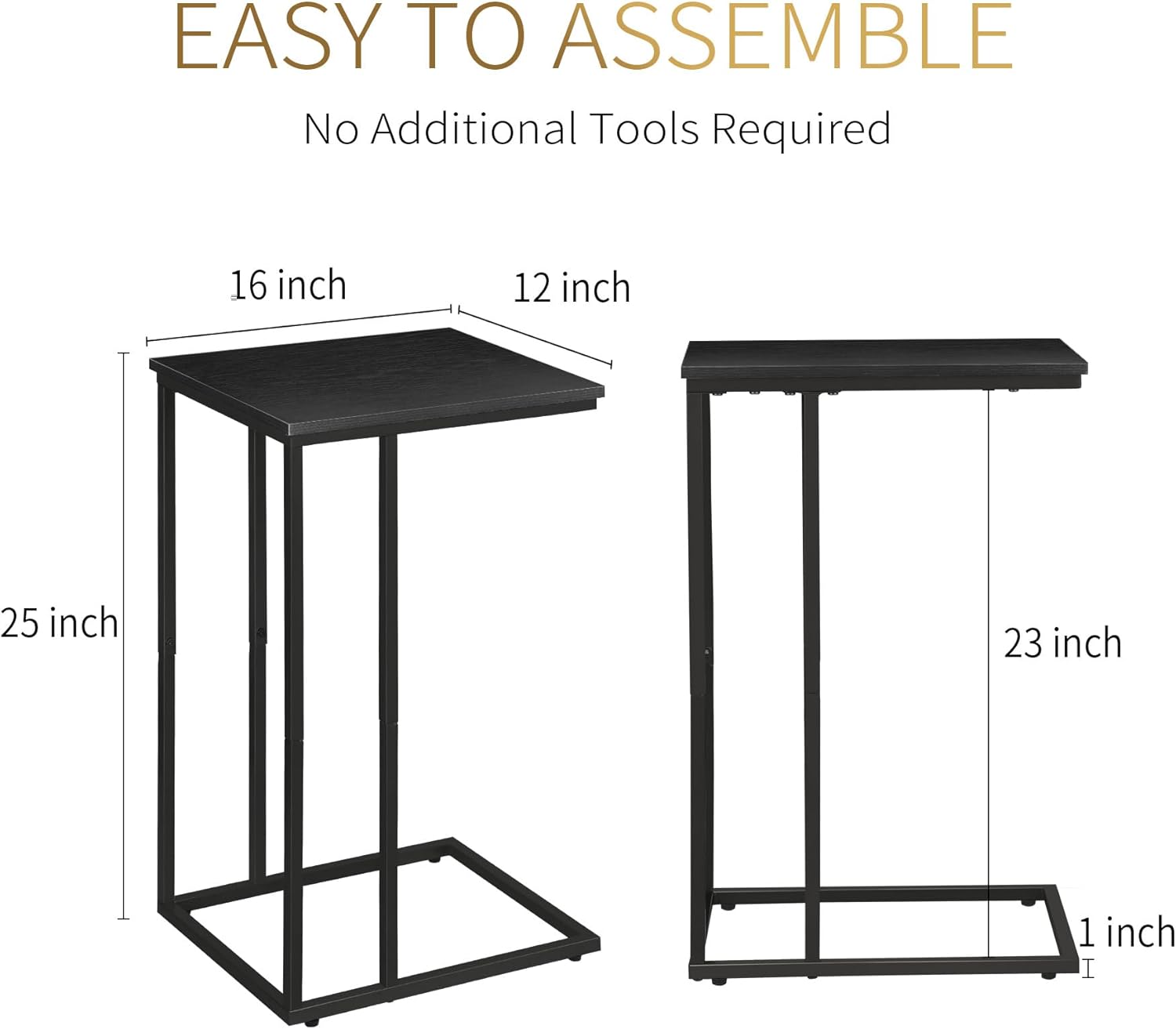 C Shaped Side Table Set of 2, Skinny Sofa Table for Sofa and Bed, Couch Tables That Slide Under, Small End Tables for Living Room, Bedroom or Small Spaces, Black