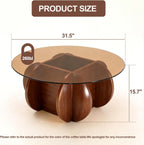 Modern Round Coffee Table with Solid Wood Legs,31.5'' Glass Coffee Tables for Living Room Rustic Circle Center Cocktail Table with Tempered Glass-Top,for Small Spaces, Unique