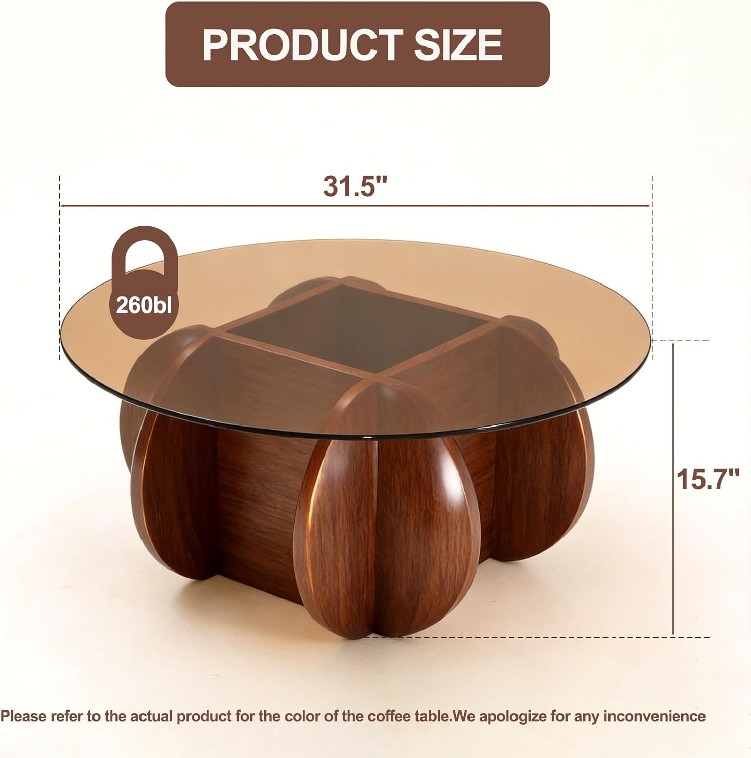 Modern Round Coffee Table with Solid Wood Legs,31.5'' Glass Coffee Tables for Living Room Rustic Circle Center Cocktail Table with Tempered Glass-Top,for Small Spaces, Unique