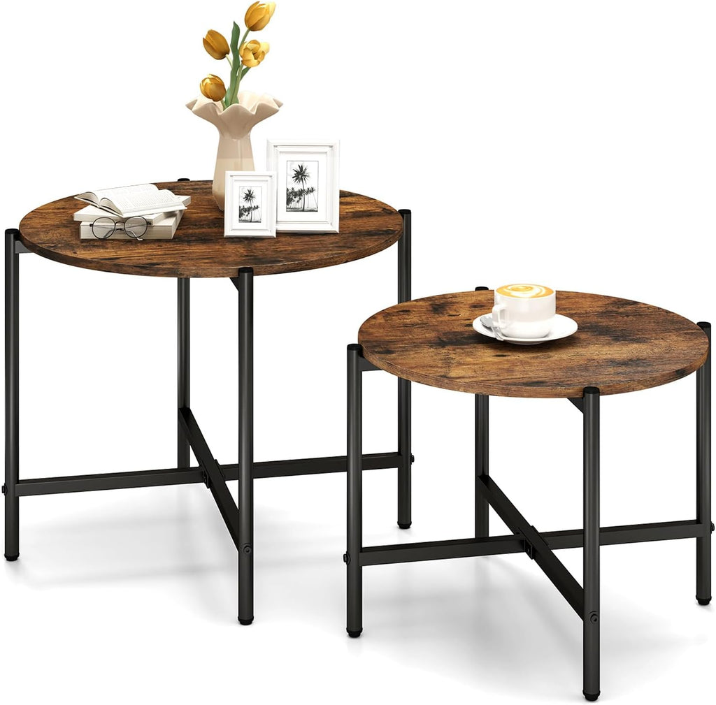 GOFLAME Nesting Coffee Table Set of 2, Round Coffee Tables with Wood Tabletop & Heavy-Duty Metal Frame, Modern Circle End Table & Side Tables, Nesting Tables for Living Room, Bedroom (Rustic Brown)