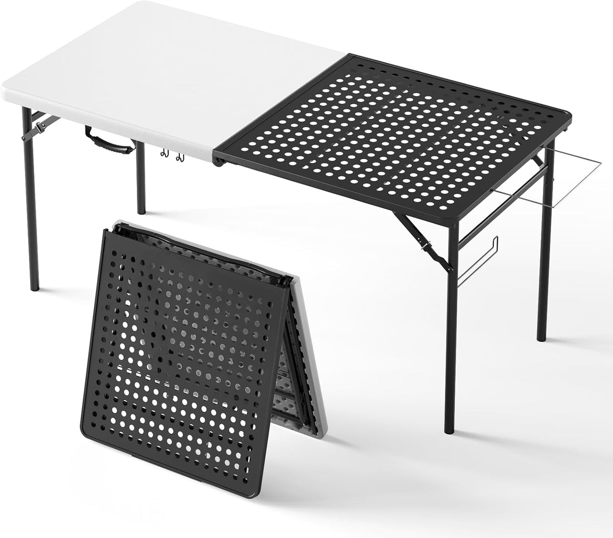 Folding Table, 5ft Folding Grill Table, Portable Camping Table for Cooking & BBQ Prep, 2-in-1 Metal&Solid Surface Foldable Grill Station for Party Cooking, Backyard, Patio Use,(Black and White)