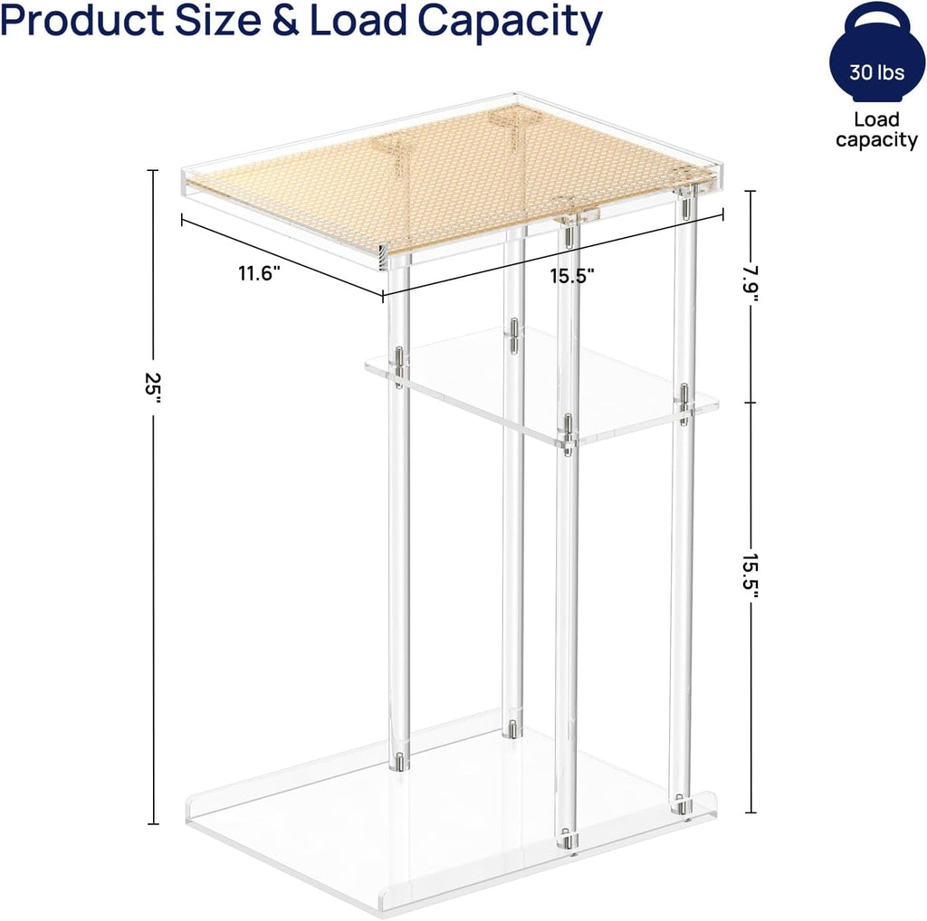 HMYHUM Acrylic C-Shaped End Table, 3-Tier Clear Side Table for Couch, Living Room, Bedroom, Small Spaces, 15.5''L x 11.6''W x 25''H, Woven Rattan Interlayer