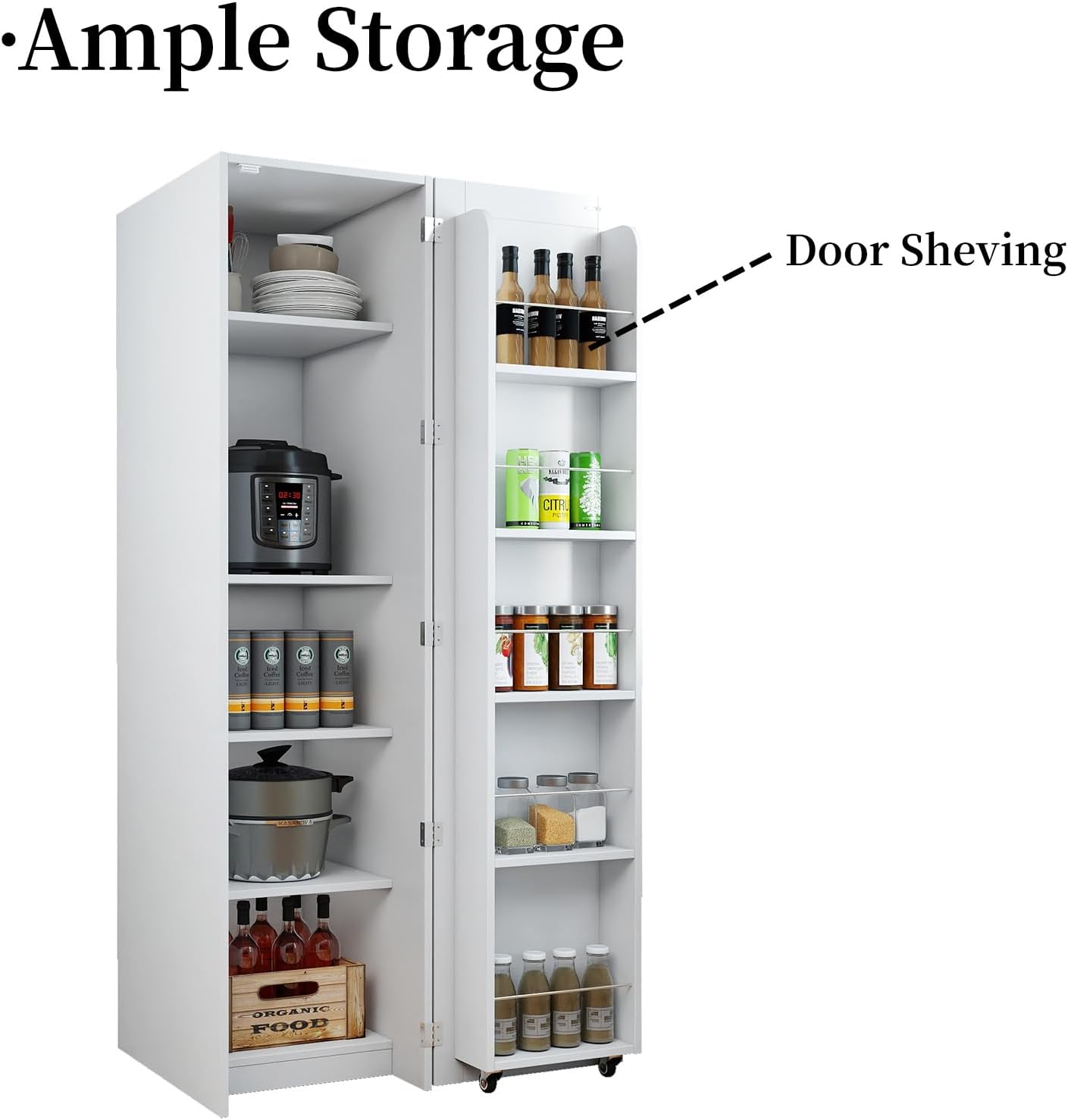 JOYSOURCE 22 in Deep Kitchen Pantry Storage Cabinet with Doors and Adjustable Shelves Tall Large Cupboard with Door Shelving, Wheel Support for Food White