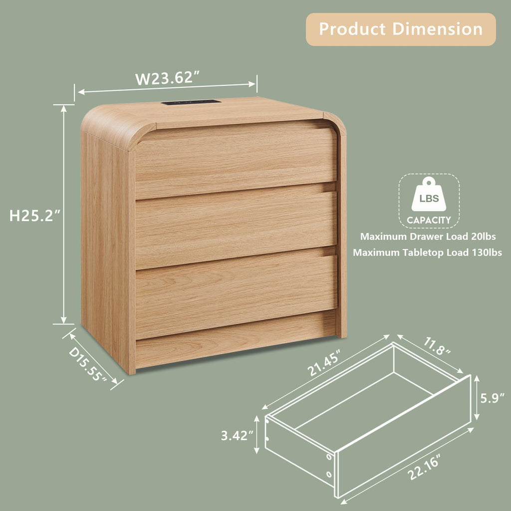 Aitjunz 25" Tall Modern Nightstand with Charging Station, 23.6'' Wide Wood Bedside Table w/3 Storage Drawers, Small Dresser w/Curved Profile Design, End Table for Bedroom, Natural Oak