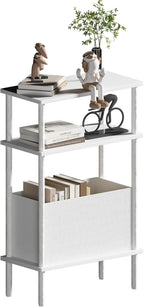 End Table with Storage Basket, Small Narrow Side Table for Bedroom Living Room, 3-Tier Slim Bedside Table, 25" H Nightstand with Fabric Shelf, White