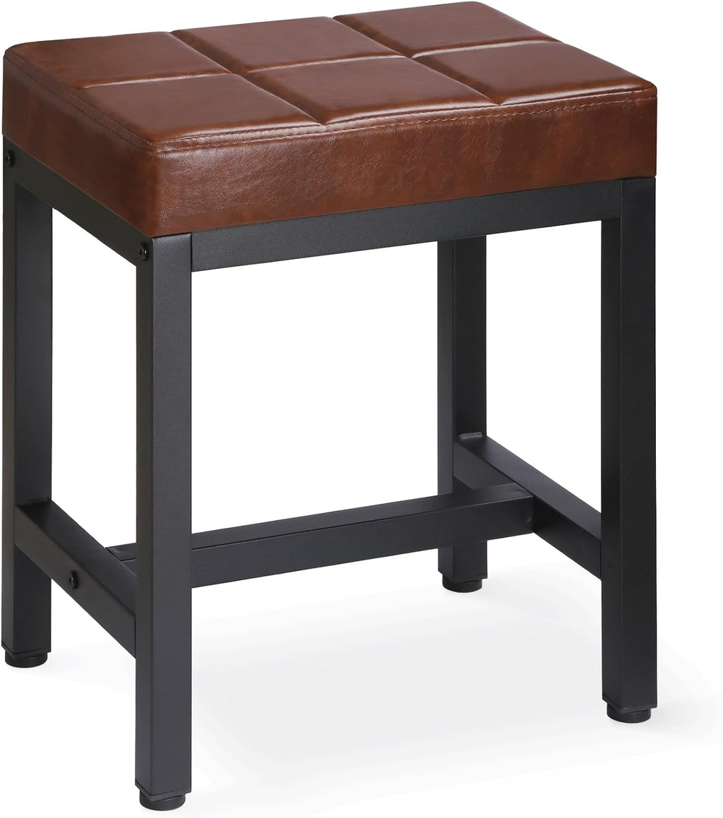 Vanity Stool, Vanity Chair for Makeup Room, Square Faux Leather Small Ottoman Foot Stool with Metal Legs, Modern Makeup Chair for Bedroom, Living Room, Brown