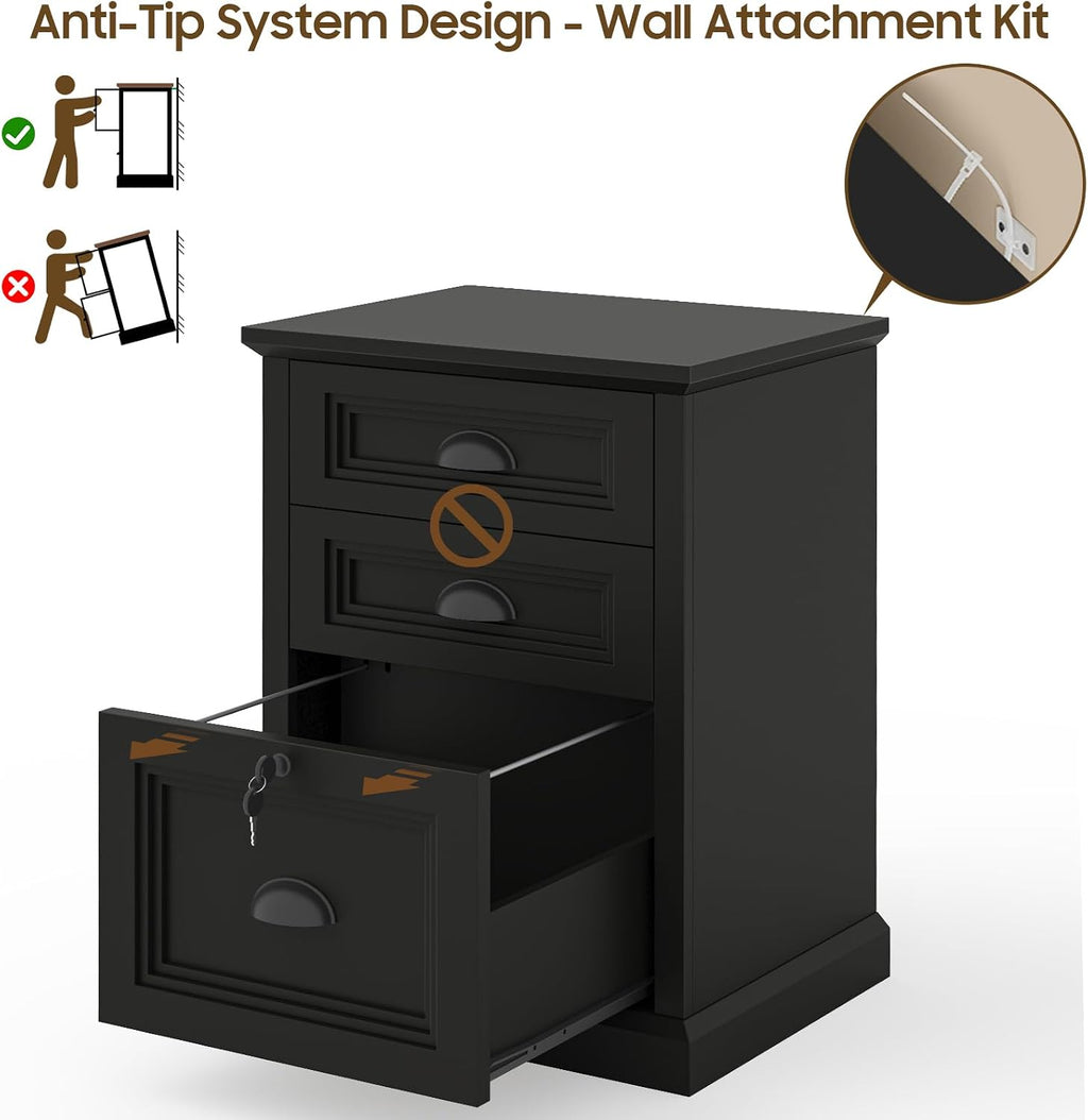 Halitaa Vertical File Cabinet, Filing Cabinet with 3 File Drawers & Lock, Farmhouse Small File Cabinet Fits Letter/A4 Size, Wooden Printer Stand, Home Office Cabinet, Black