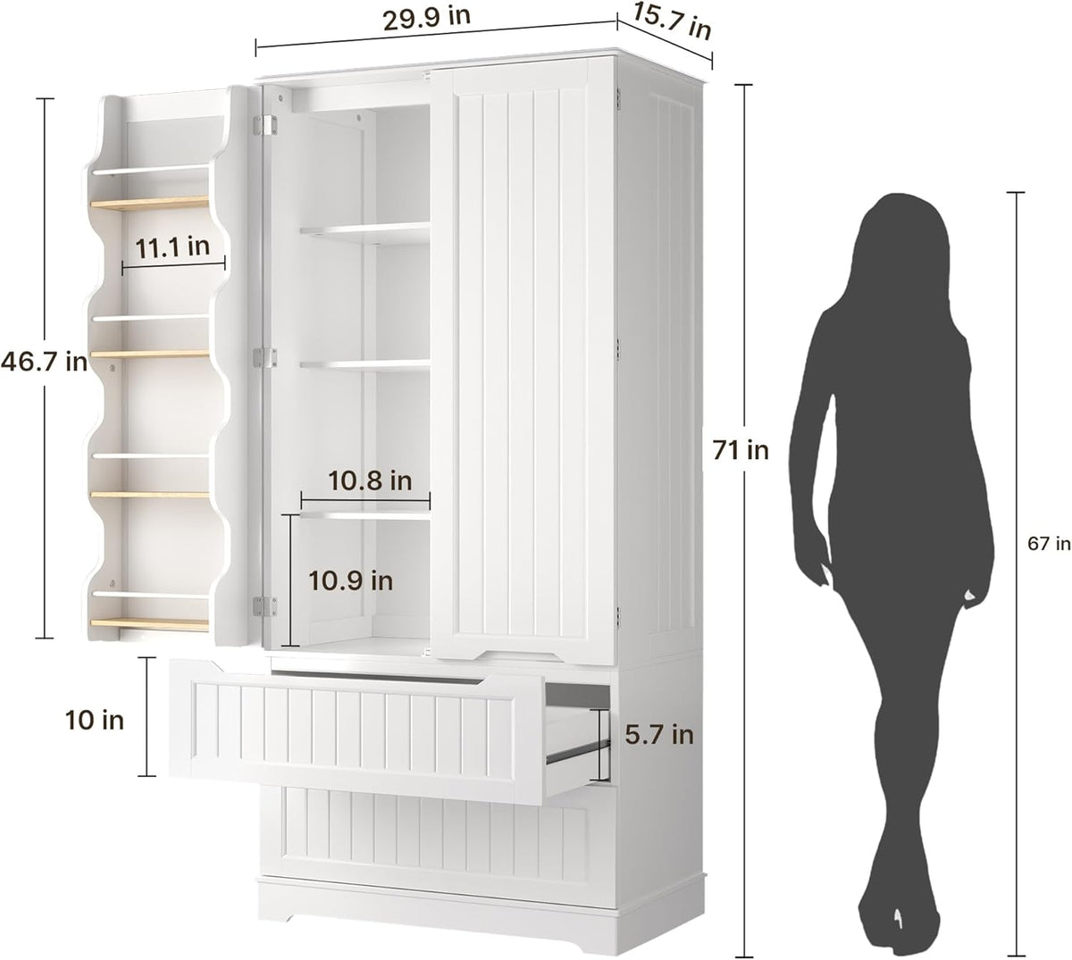 Gizoon 71" Tall Kitchen Pantry Cabinet with Drawers for Dining Room, Food Pantry Storage Cabinet with 8 Doors Shelves for Snack and Spice, Large Craft Storage Cabinet for Craft Room, White, Painted
