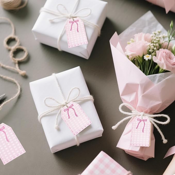 100Pcs Coquette Pink Bow Gift Tags with String Pink Buffalo Plaid Large Gift Tag with 65Ft White String Paper Gift Tag for Coquette Bow Baby Shower Birthday Bachelorette Wedding Gift Wrap Tag