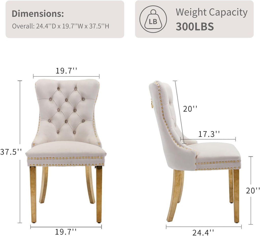 Velvet Dining Chairs Set of 6, Mid Century Tufted Dining Room Chairs with Nailhead Back Ring, Metal Legs, Modern Style for Kitchen, sillas de comedor (Beige, Golden Legs, 6 Pcs)