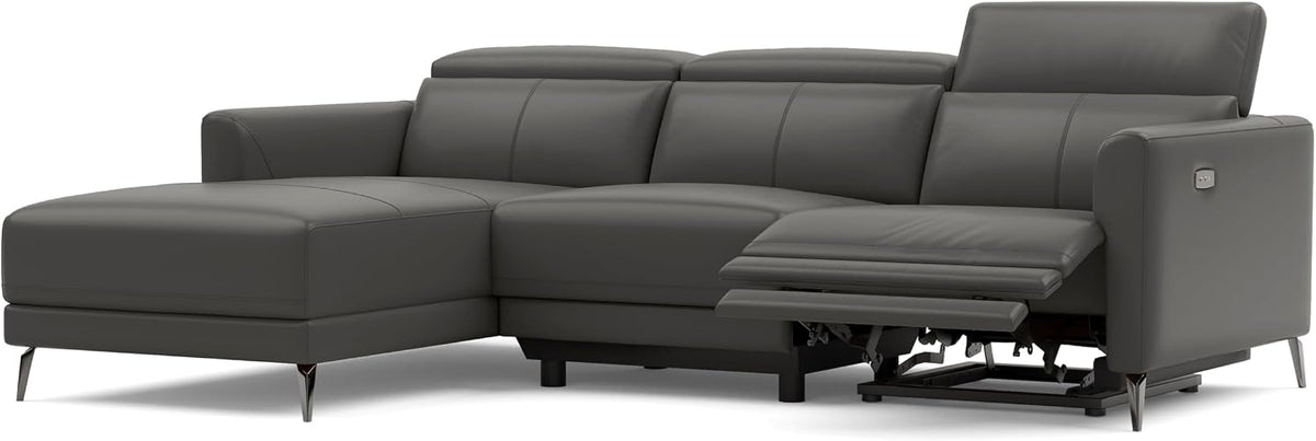 Valencia Andria 99.5" Reclining Leather Sectional Sofa, Reclining Couch with Left Hand Chaise | Italian Nappa 11000 Top Grain Leather | Power Reclining Seat with Adjustable Headrests - Cloudy Grey