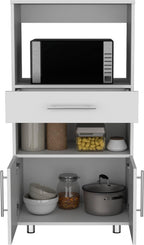 Pantry Cabinet with Microwave Stand, Multi-Functional Design Featuring a Drawer and Two Doors, for Kitchen Organization and Storage Solutions