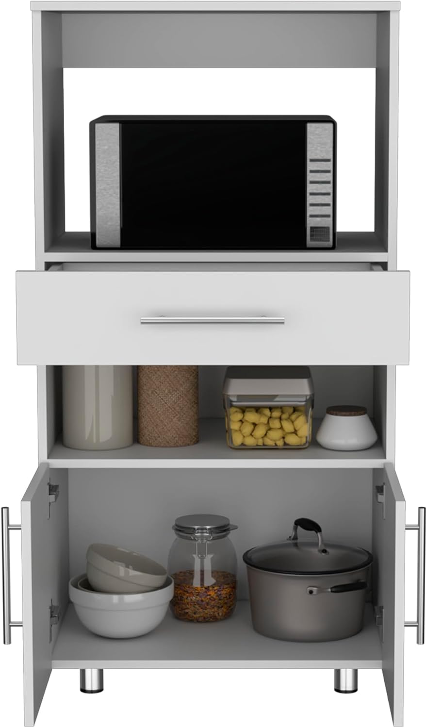 Pantry Cabinet with Microwave Stand, Multi-Functional Design Featuring a Drawer and Two Doors, for Kitchen Organization and Storage Solutions