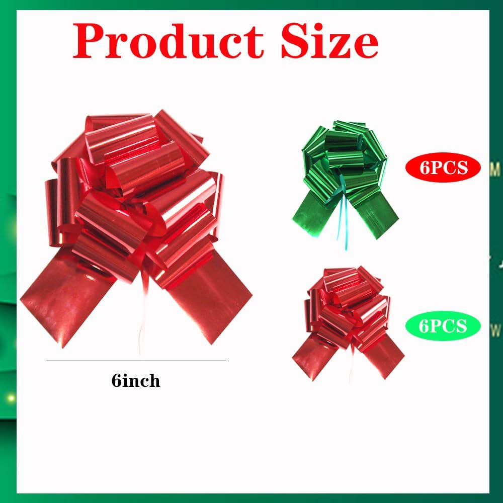 12Pcs Large Christmas Pull Bows,6 Inches Xmas Pull Bows Christmas Ribbon for Presents,Pull Bows for Gift Wrapping Gift Baskets,Birthday Parties,Bouquet,and Other Gift Decorations (12 red,Green)