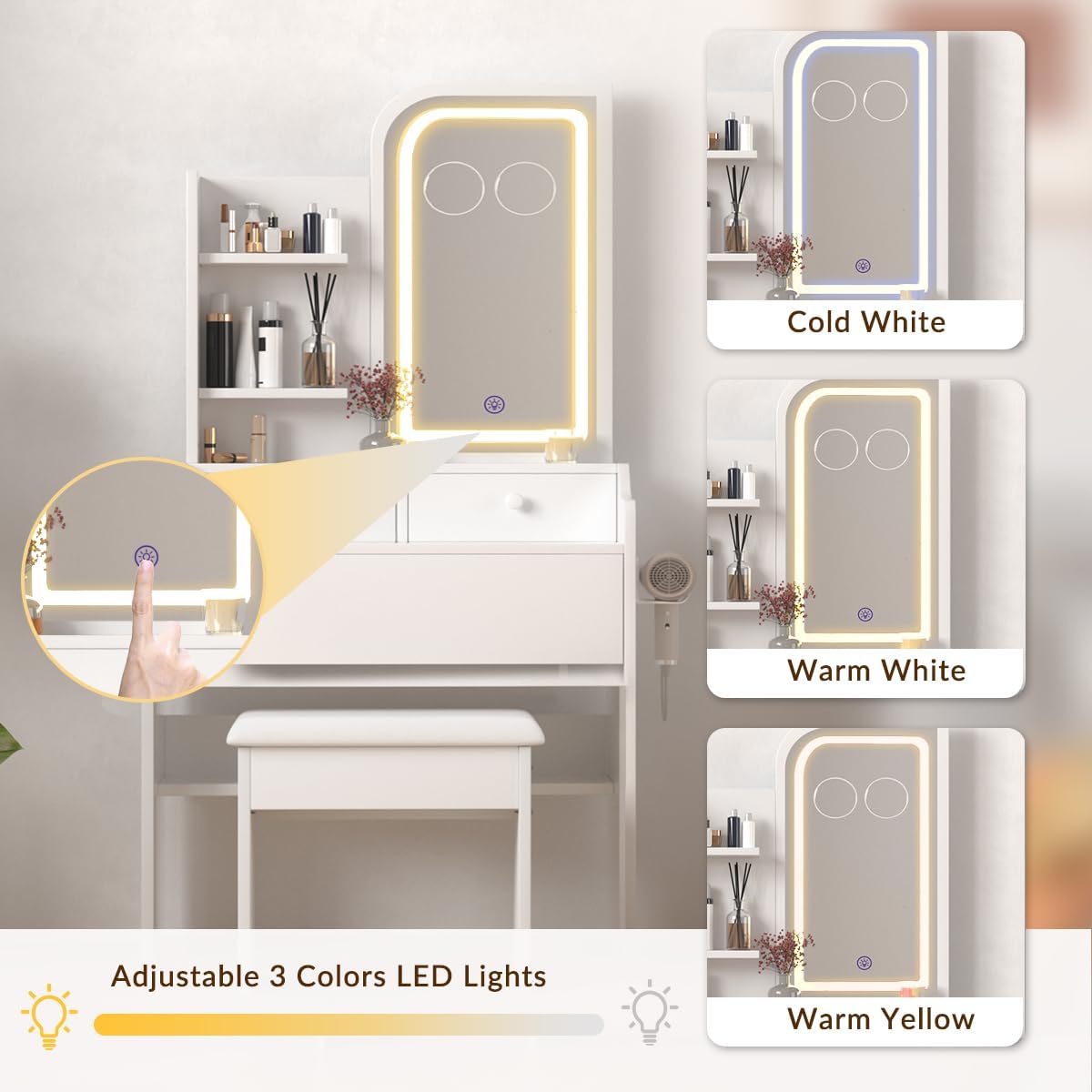 HOMEMORE Vanity Desk with LED Mirror Small Vanity with Lights 3X and 5X Magnifying Glasses 3 Drawers Makeup Table with Chair for Bedroom.White