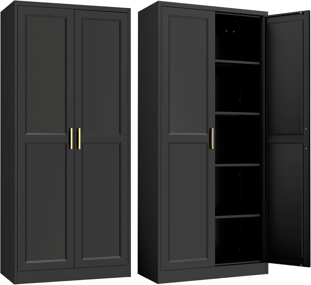 Steeloong 71"Metal Pantry Storage Cabinet with Doors & 4 Adjustable Shelves | Kitchen Pantry Cabinet,Black Kitchen Cabinet with 2 Gold Handles,Tall Cabinet for Livingroom,Pantry, Bathroom,Kitchen,Garage
