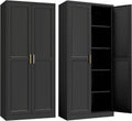 Steeloong 71"Metal Pantry Storage Cabinet with Doors & 4 Adjustable Shelves | Kitchen Pantry Cabinet,Black Kitchen Cabinet with 2 Gold Handles,Tall Cabinet for Livingroom,Pantry, Bathroom,Kitchen,Garage