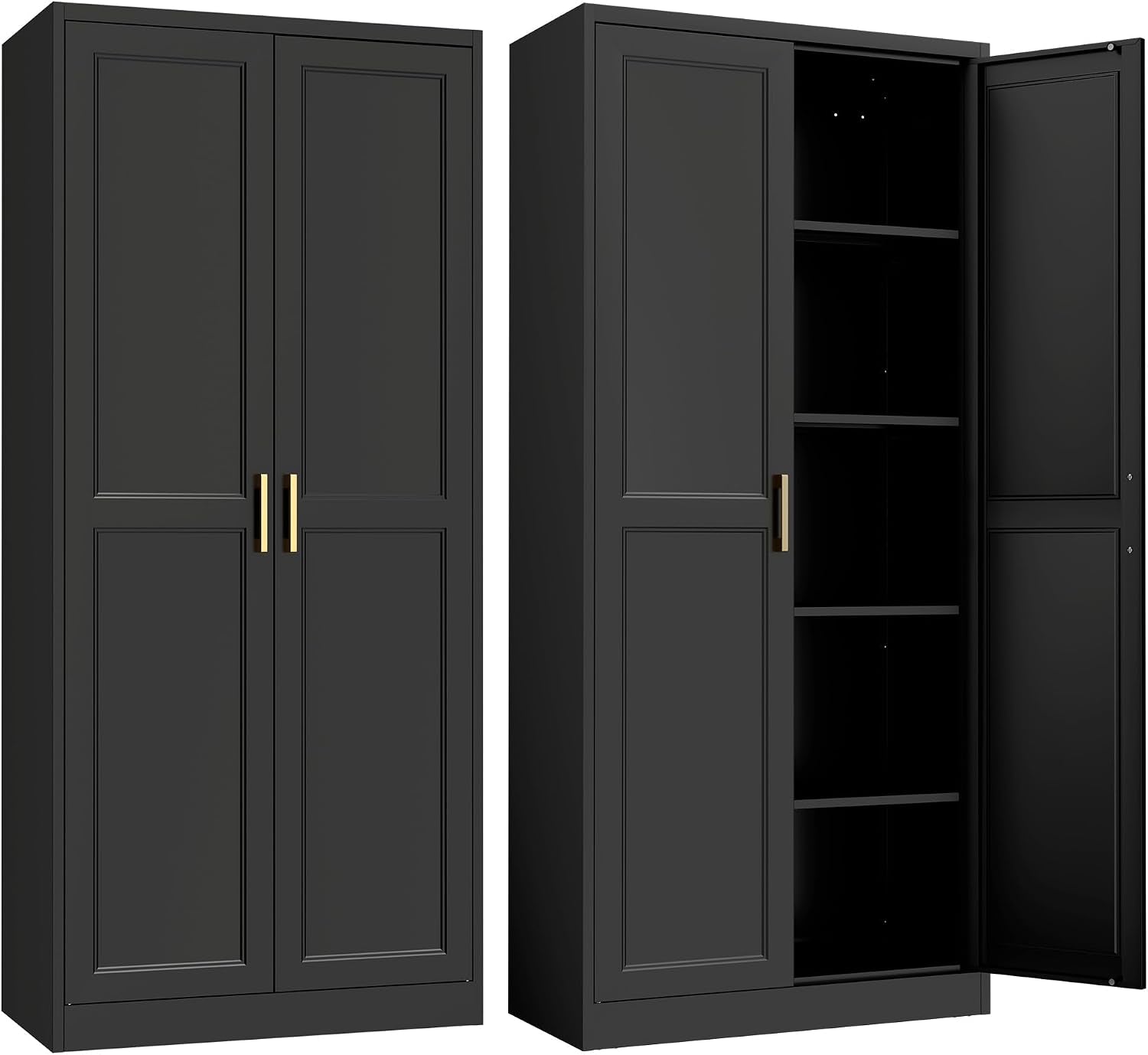 Steeloong 71"Metal Pantry Storage Cabinet with Doors & 4 Adjustable Shelves | Kitchen Pantry Cabinet,Black Kitchen Cabinet with 2 Gold Handles,Tall Cabinet for Livingroom,Pantry, Bathroom,Kitchen,Garage
