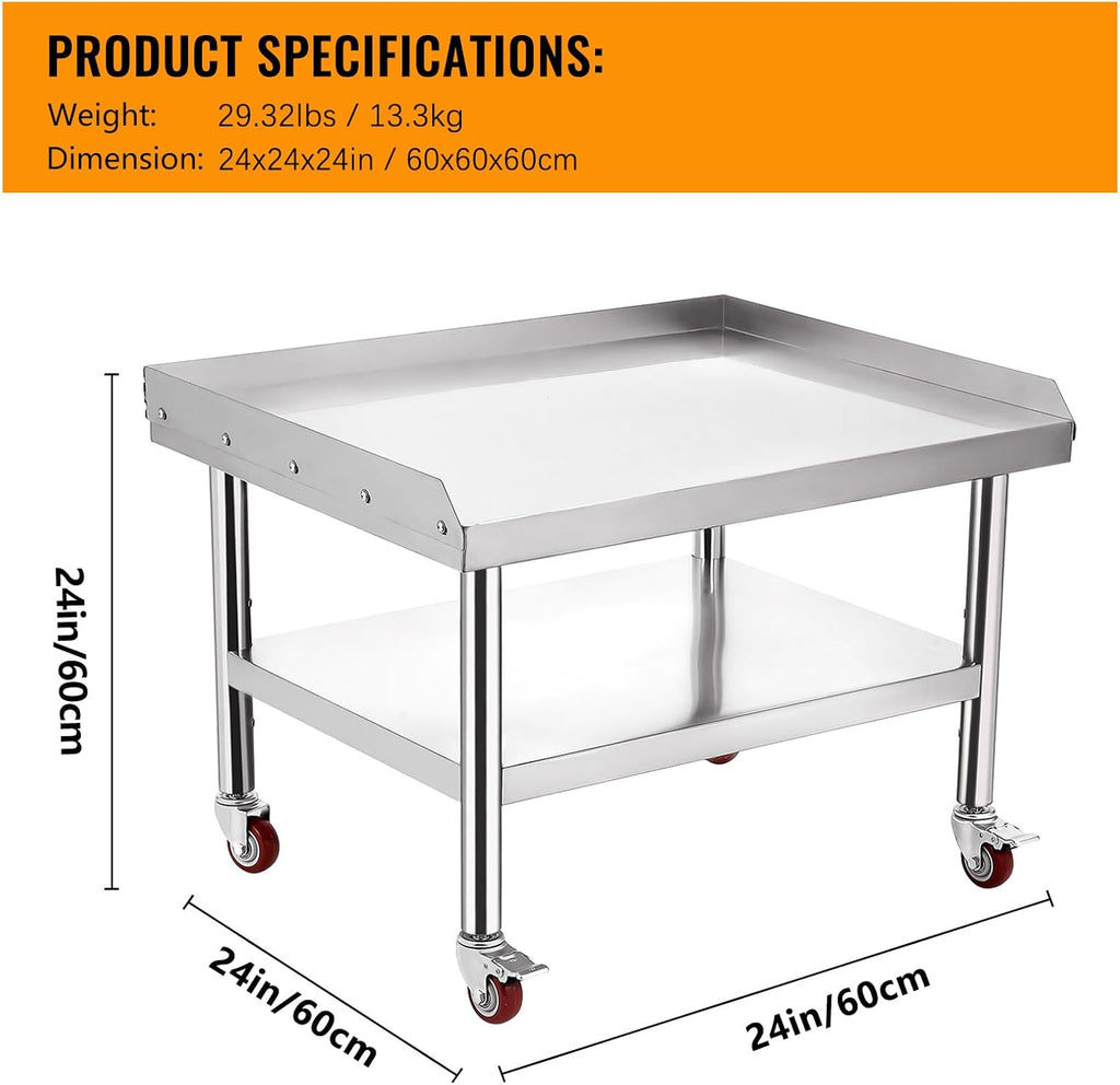 Garvee Stainless Steel Equipment Stand 24x24 Inch with Wheels Mobile Commercial Grill Table NSF Certified Heavy Duty with Adjustable Undershelf and Casters