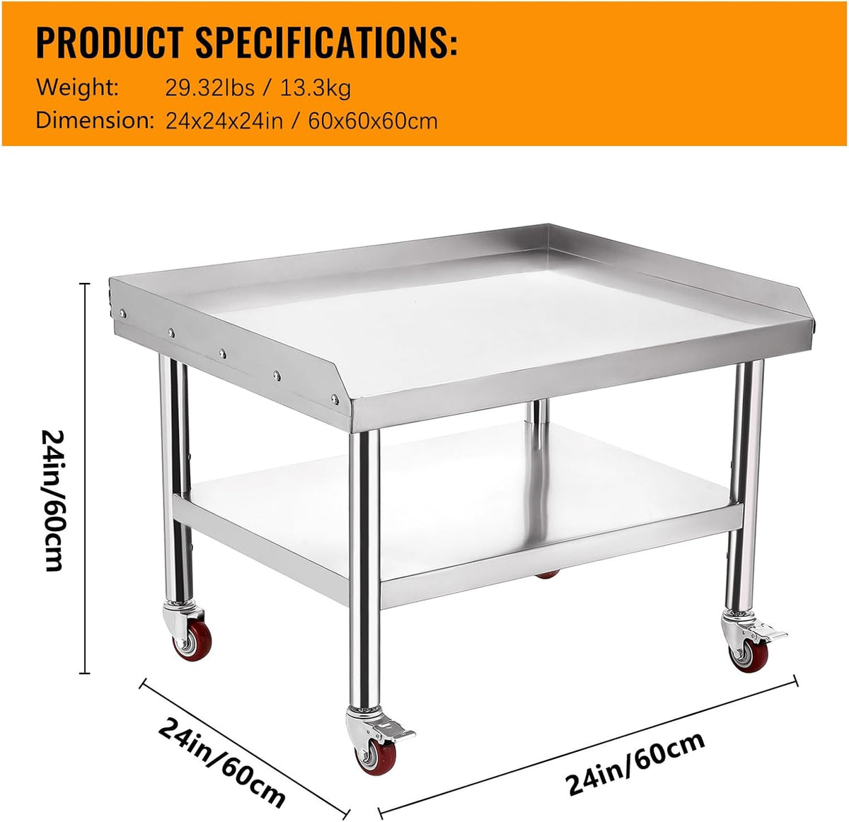 Garvee Stainless Steel Equipment Stand 24x24 Inch with Wheels Mobile Commercial Grill Table NSF Certified Heavy Duty with Adjustable Undershelf and Casters