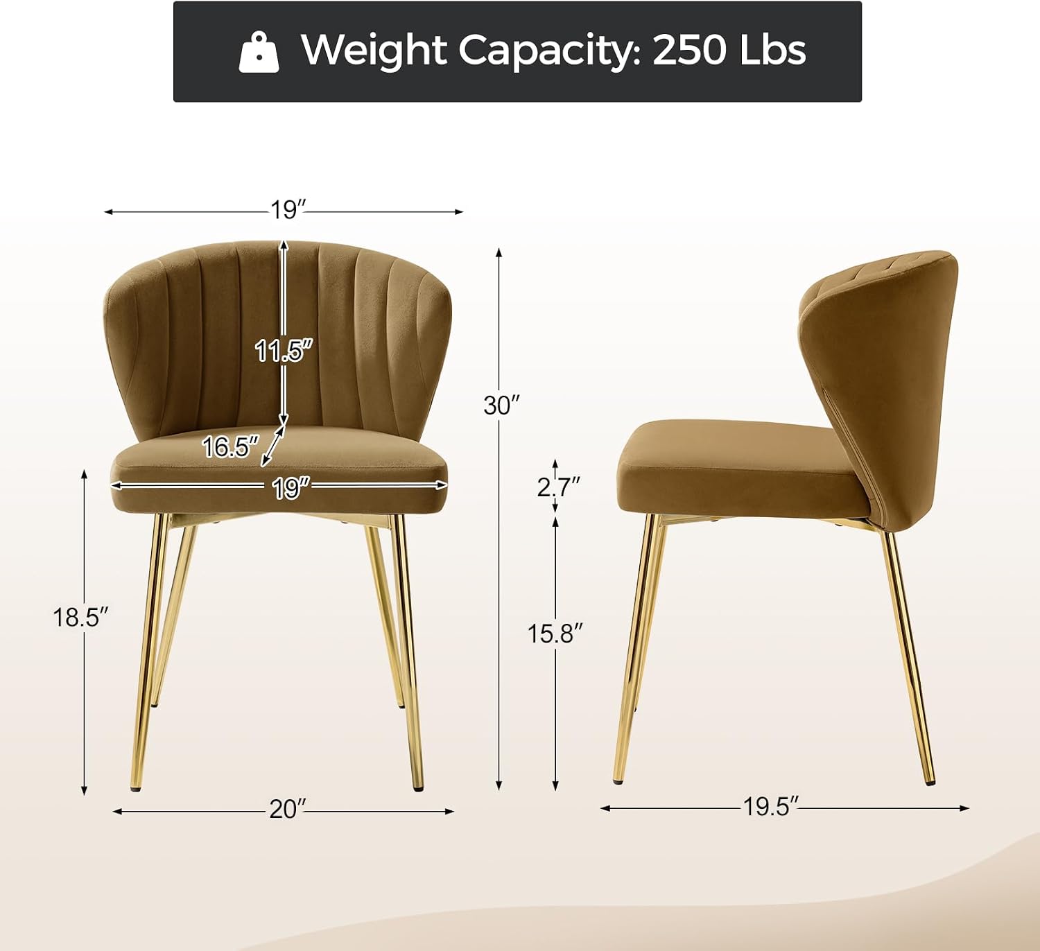 TINA'S HOME Velvet Dining Chairs Set of 2, Modern Upholstered Side Chair with Golden Legs, Small Cute Armless Accent Chair for Living Room, Kitchen, Bedroom, Beauty Room, Golden