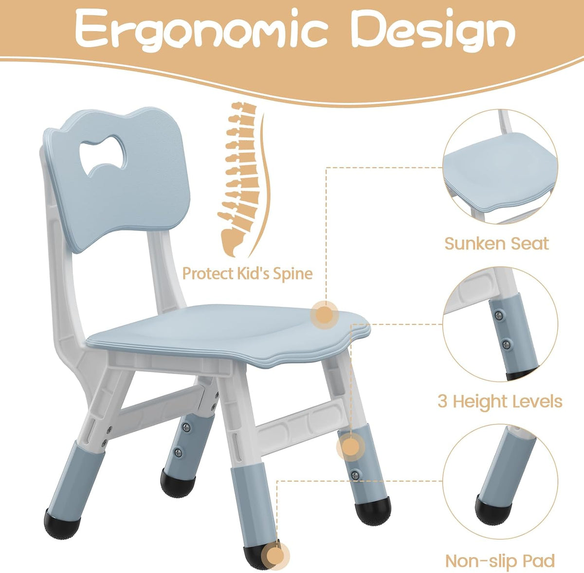 Takywep Kids Table & 2 Chairs Set, 23.6" Adjustable Desk, Anti-Slip, Grey | Rounded Edges, Multi Height Adjustment, Composite Wood Top, Anti-Slip Leg Pads