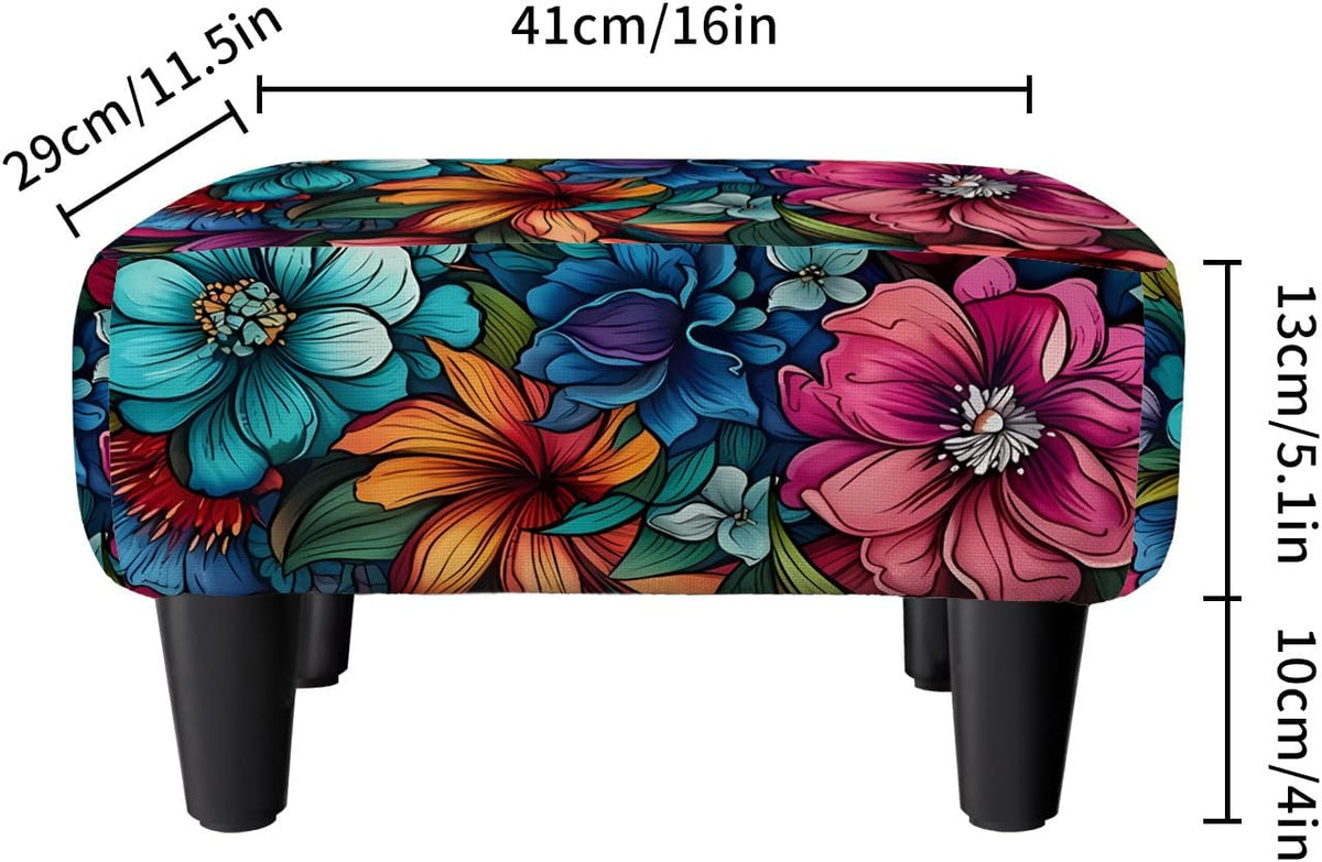 Flower Small Foot Stool Ottoman, Vintage Floral Linen Footrest for Couch | Soft Padded Cushion, Sturdy 4-Leg Frame, Non-Slip Feet, Compact 15" Size, Easy Assembly, Versatile Use